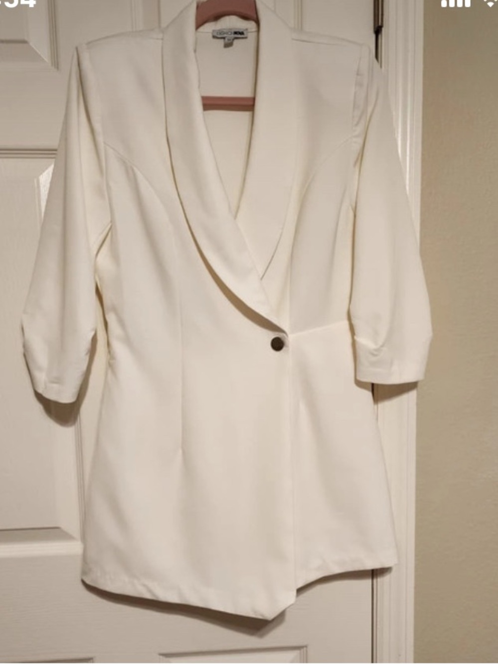 White Draped Faux-Blazer Tunic with Single Button